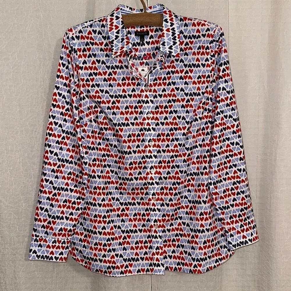 Talbots S All American Hearts Button Front Collared Long Sleeve Shirt